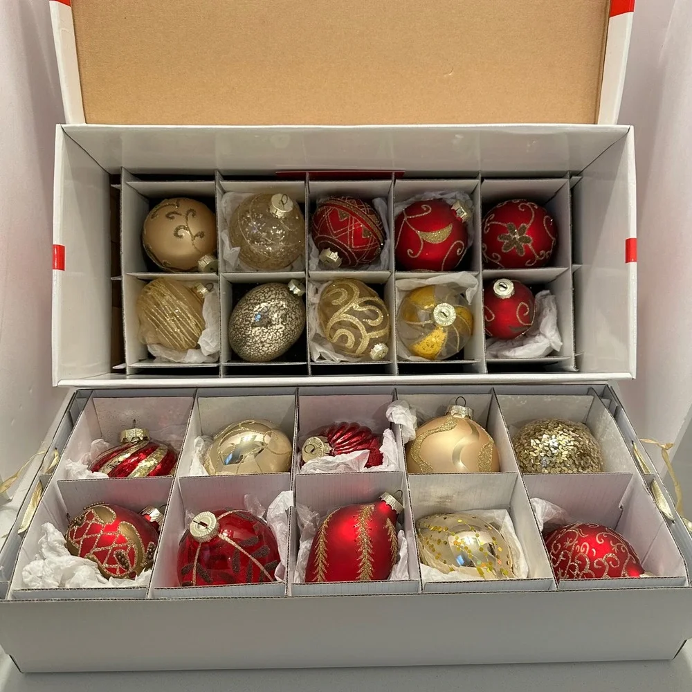Winter Lane Red Gold Glass Christmas Ornaments Set of 20 Glitter Sequin Assorted